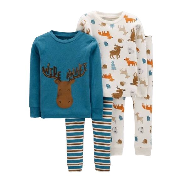 NEW Toddler 4PC Moose LONG SLEEVE SNUG FIT 3T PAJAMAS Carters BoysPJS Tops Pants - Picture 2 of 7